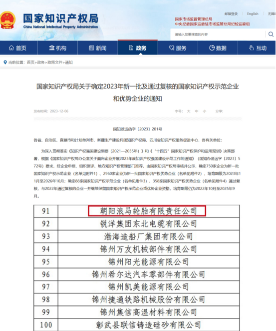 喜報(bào)：浪馬輪胎獲評(píng)“2023年國家知識(shí)產(chǎn)權(quán)優(yōu)勢(shì)企業(yè)”